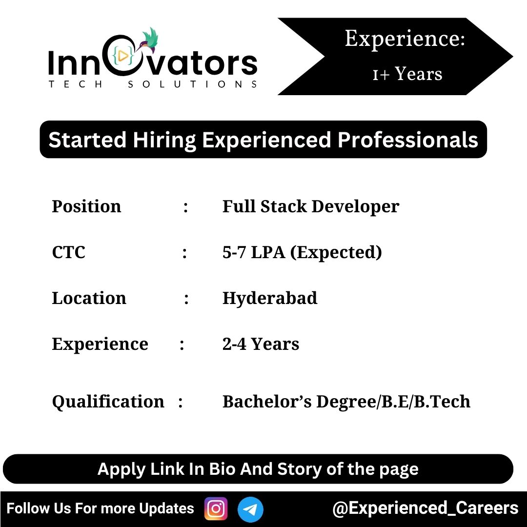 Innovators Tech Solutions Off-Campus Drive 2024 Hiring Experienced Candidates for Full Stack Developer