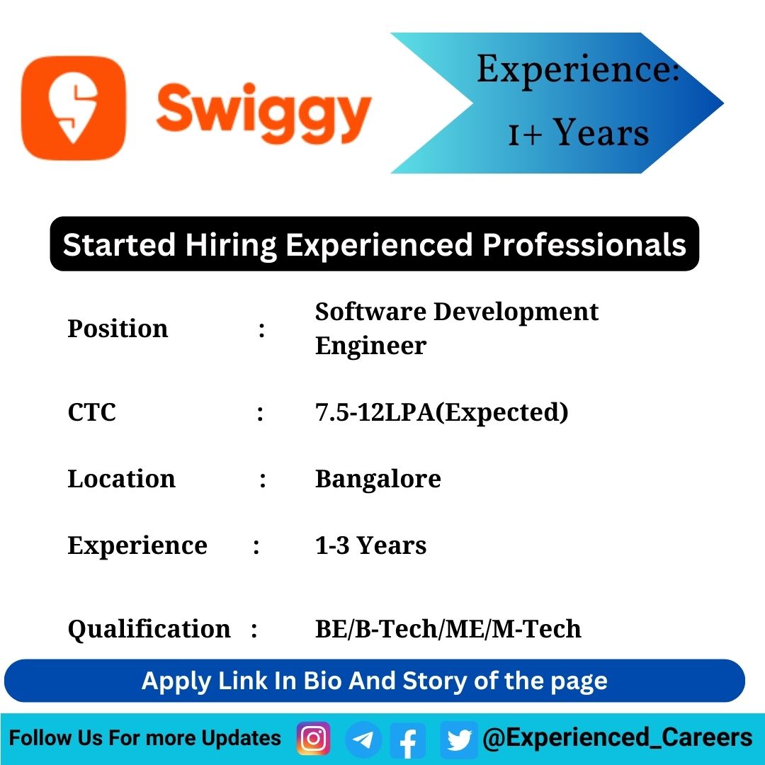 Swiggy Off-Campus Drive 2024 Hiring Experienced Candidates for Software Development Engineer Position