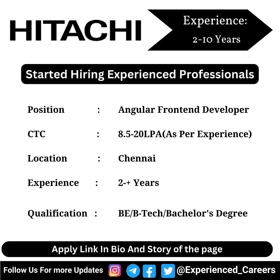 Hitachi Off-Campus Drive 2024 Hiring for Angular Frontend Developer Position - Bachelor's Degree | 2+ Years | Chennai