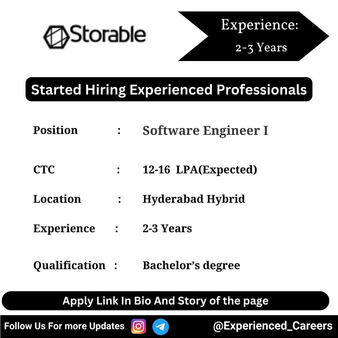 Storable Off-Campus Drive 2024 Hiring Experienced Candidates for Software Engineer I