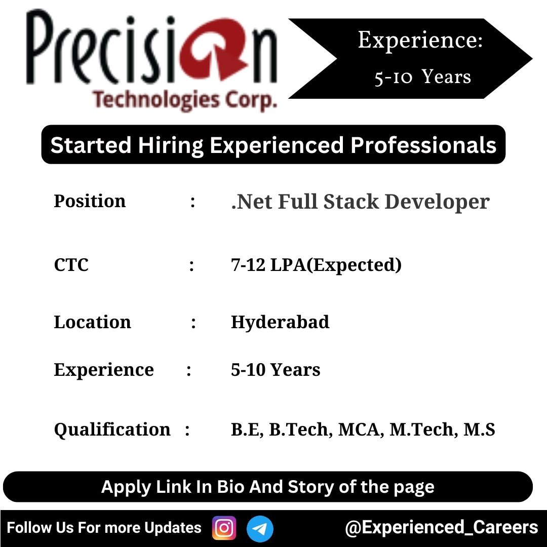 Precision technologies Off-Campus Drive 2024 Hiring Experienced Candidates for .Net Full Stack Developer