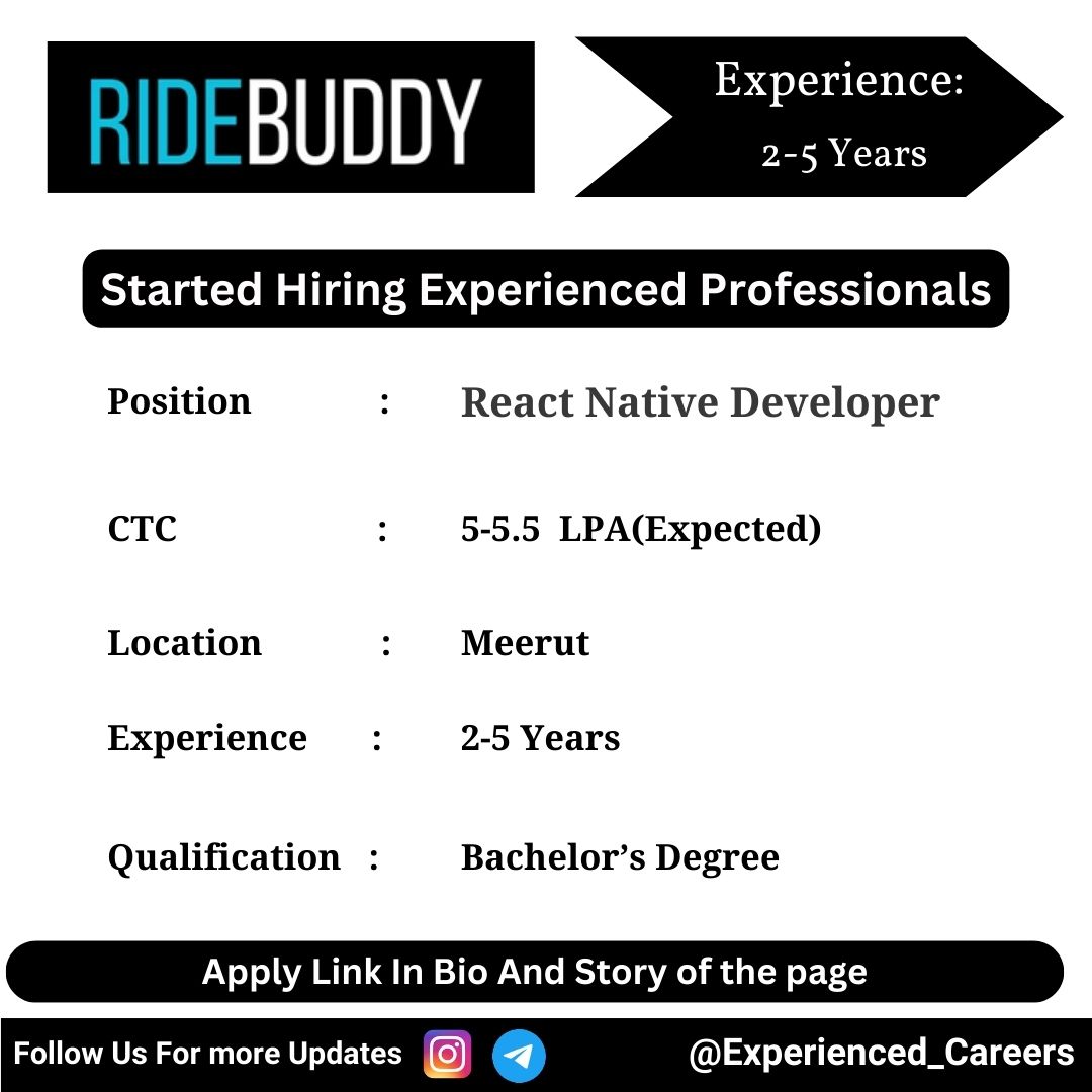 Ridebuddy app Off-Campus Drive 2024 Hiring Experienced Candidates for React Native Developer