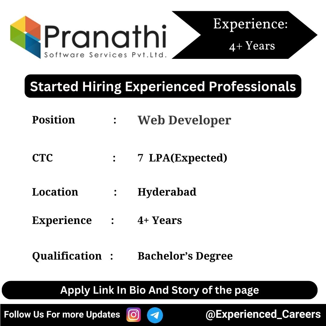 Pranathi Software Services Pvt. Ltd Off-Campus Drive 2024 Hiring Experienced Candidates for Web Developer 