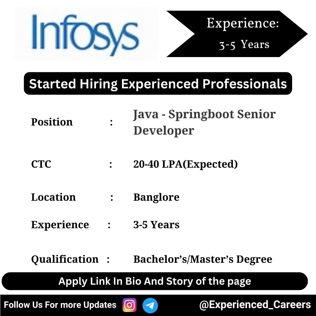 INFOSYS Off-Campus Drive 2024 Hiring Experienced Candidates for Java - Springboot Senior Developer