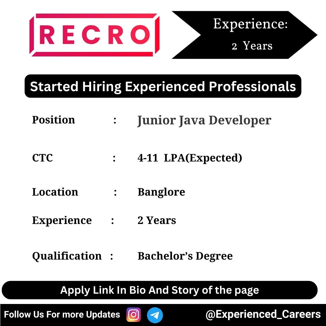 Recro Off-Campus Drive 2024 Hiring Experienced Candidates for Junior Java Developer