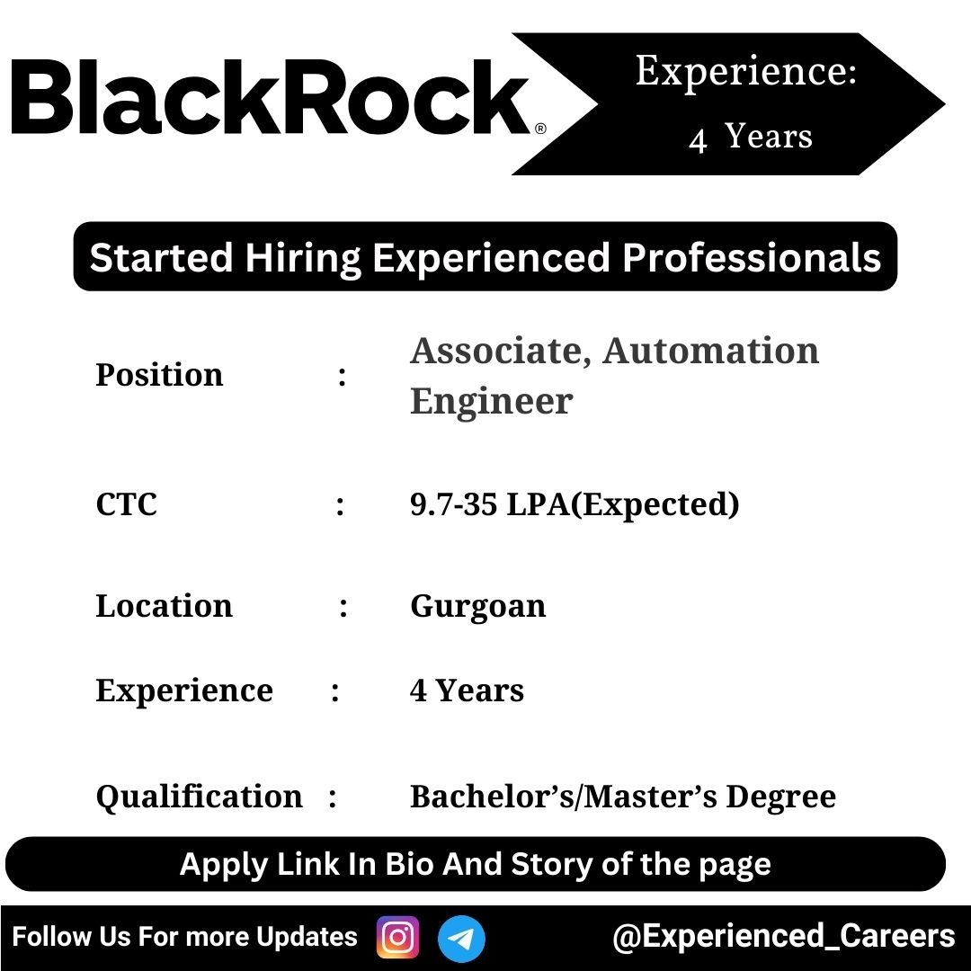 BlackRock Off-Campus Drive 2024 Hiring Experienced Candidates for Associate, Automation Engineer