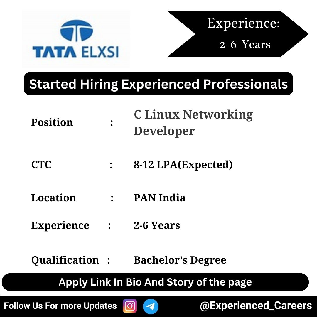 Tata Elxsi Off-Campus Drive 2024 Hiring Experienced Candidates for C Linux Networking Developer