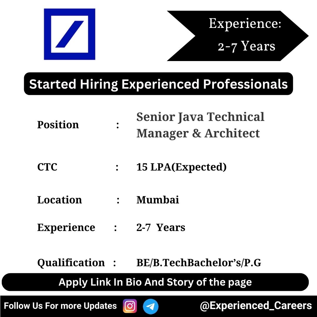 Deutsche Bank Off-Campus Drive 2024 Hiring Experienced Candidates for Senior Java Technical Manager & Architect