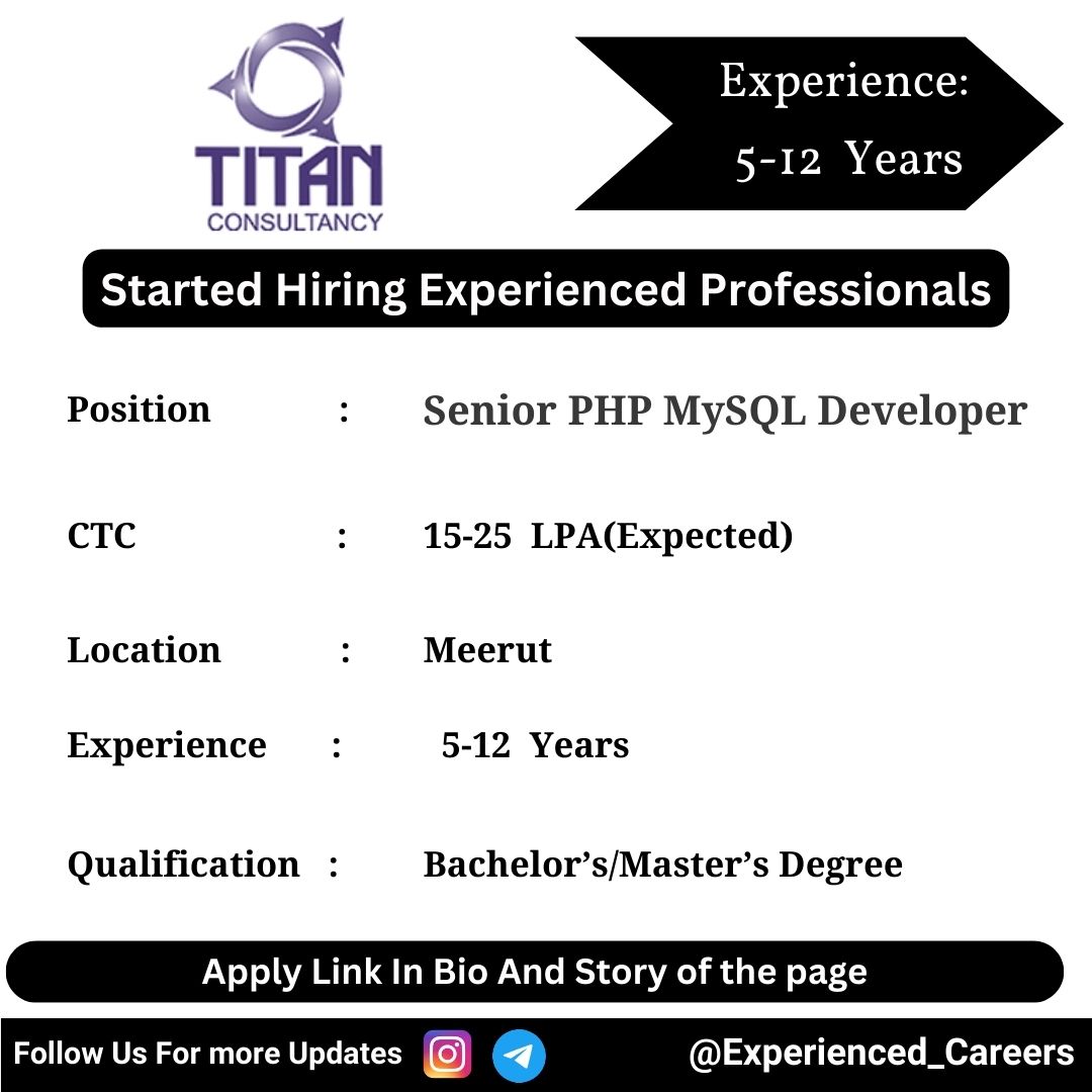 Titan Consultancy Off-Campus Drive 2024 Hiring Experienced Candidates for Senior PHP MySQL Developer