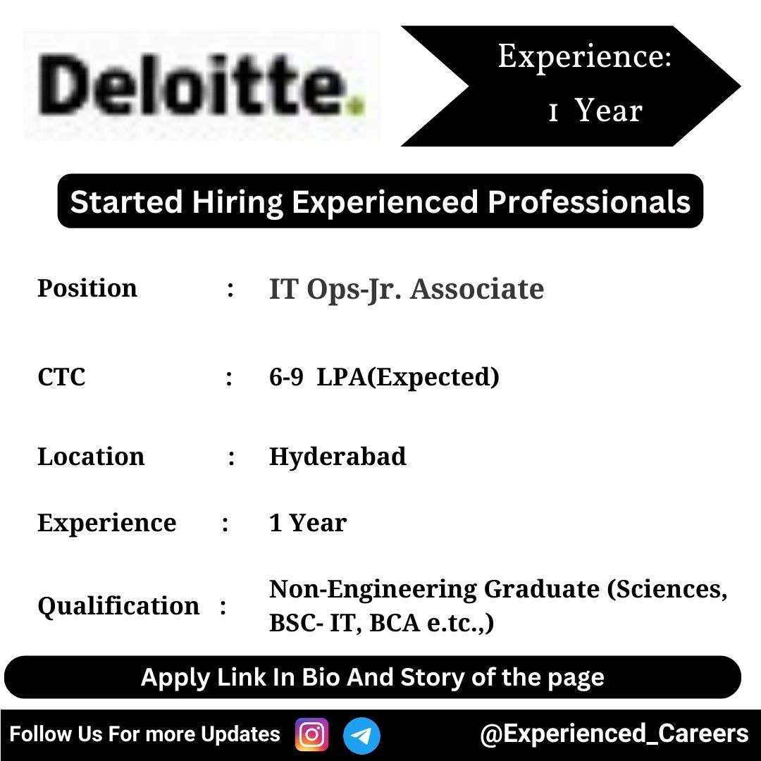 Deloitte Off-Campus Drive 2024 Hiring Experienced Candidates for IT Ops-Jr. Associate