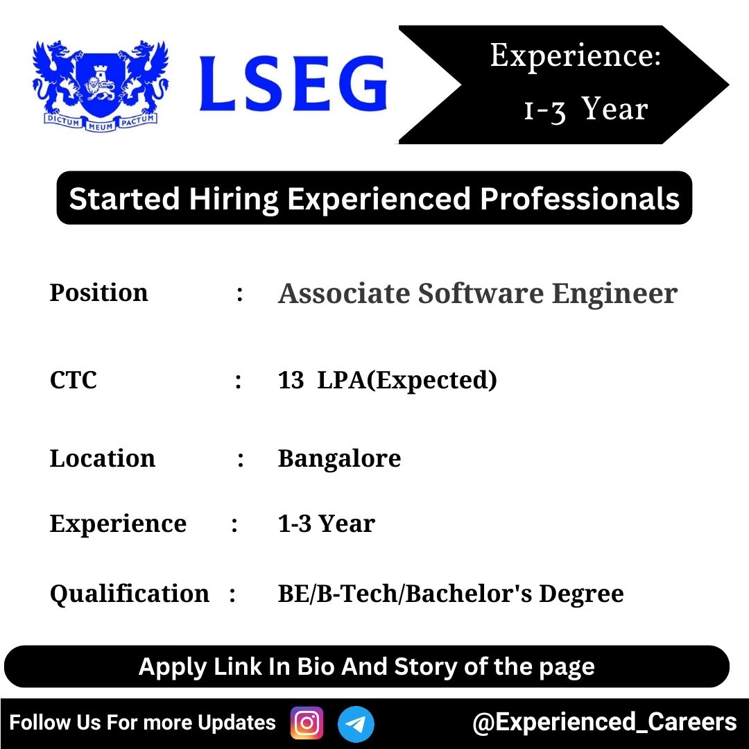 LSEG Off-Campus Drive 2024 Hiring Experienced Candidates for Associate Software Engineer