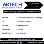 Artech Off-Campus Drive 2024 Hiring Experienced Candidates for IT Recruiter(contract Staffing)