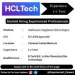 HCLTech Off-Campus Drive 2024 Hiring Experienced Candidates for Software Engineer/Developer